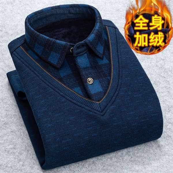 

men's sweaters autumn winter man fleece shirt collar fashion grid solid thicken warm male plus velvet thicken  3xl 221008, White;black
