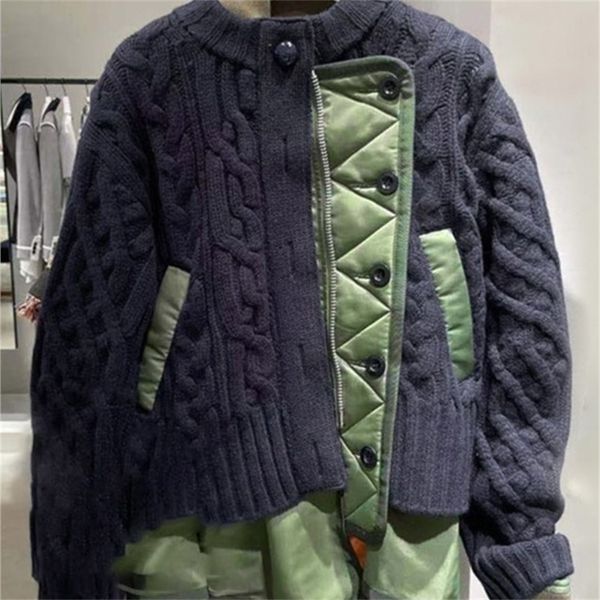 

womens jackets crew neck jacket knitted autumn winter stand collar knitted stitching jacket sweater irregular color matching twopiece 221007, Black;brown