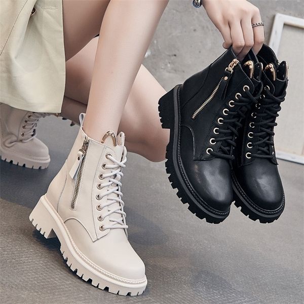 

boots genuine leather for women autumn early winter shoes thick sole cow ankle brand ladies footwear a3780 221007, Black