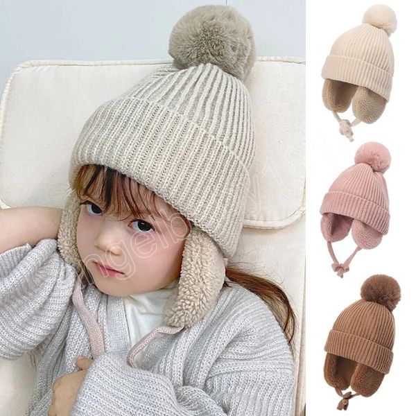 

warm winter baby hat cute pompom thick knitted kids earflap cap solid color children ear protection beanie caps, Yellow
