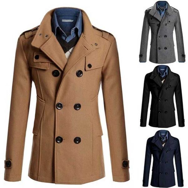 

men's trench coats mens double breasted cotton coat 2022 winter wool blend solid color casual business fashion slim trench coat jacket, Tan;black