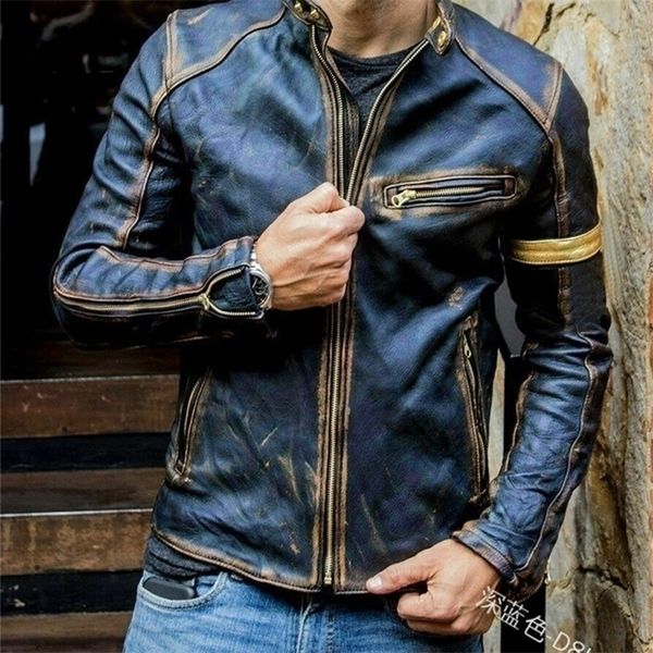 

men's leather faux fashion jacket autumn and winter teenager stand collar punk motorcycle 221007, Black