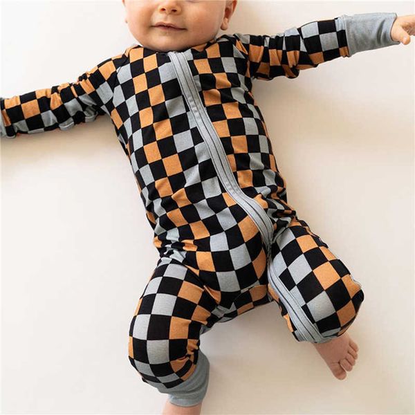 

rompers autumn newborn baby boys girls rompers 024m damboard print long sleeves zipper romper jumpsuits costume j220922, Blue