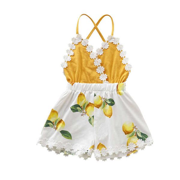 

rompers 04y newborn baby girl sleeveless band romper sunsuit lemon print jumpsuit summer clothing outfits j220922, Blue