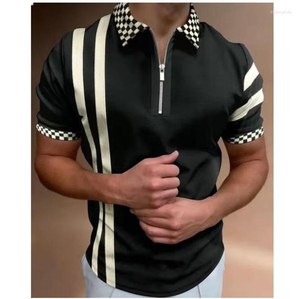 

men's polos summer men polo shirts street print casual short sleeve mens turn-down collar zipper shirt, White;black
