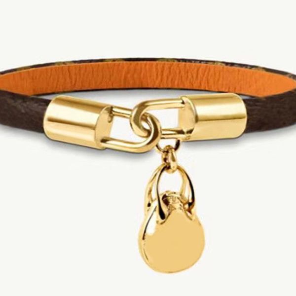 

66scharm bracelets fashion classic flat brown brand designer leather bracelet for women and men metal lock head charm bracelets, Golden;silver