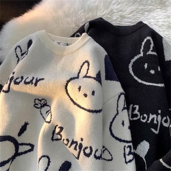 

women's knits tees cartoon rabbit y2k harajuku kawaii retro cute round neck pullover sweater pattern knitted warm loose oversized sweat, White