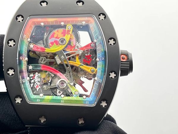 

men's mechanical watch barrel shaped 50/43/16mm black carbon fiber case fully automatic wind up super high-quality color hollow movemen, Slivery;brown