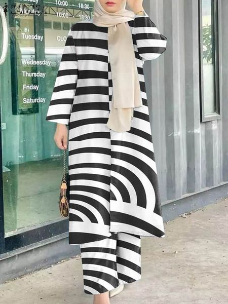 

ethnic clothing zanzea woman muslim suit striped printed turkey islamic outifits o neck long sleeve blouse pant bohemian casual party loose, Red