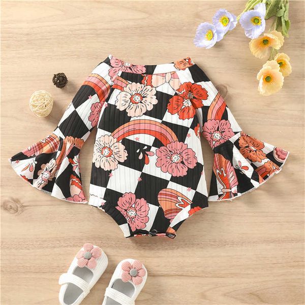 

rompers 024m autumn baby girl costumes newborn clothes baby girl romper floral plaid print flare long sleeves jumpsuit playsuit j220922, Blue