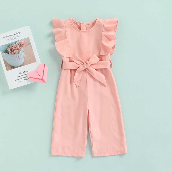 

rompers 16y kids girls summer casual long rompers solid color ruffles round neck sleeveless jumpsuit with belt for girls j220922, Blue