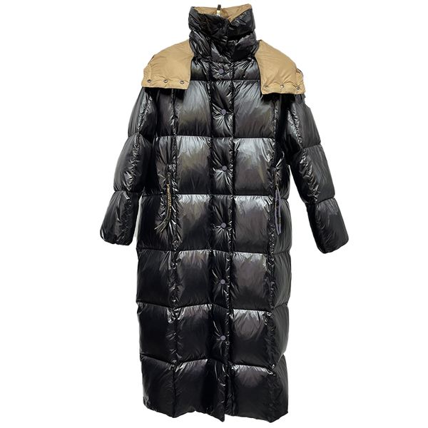 

designer mens down parkas women's long knee length stand up collar hooded bright face wash coat couple embroidered badge super thick fa, Black