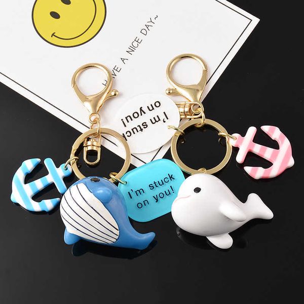 

key rings 2021 new cartoon dolphin blue whale chain resin car ring cute bell student bag pendant boy girl simple couple gift g221007, Slivery;golden