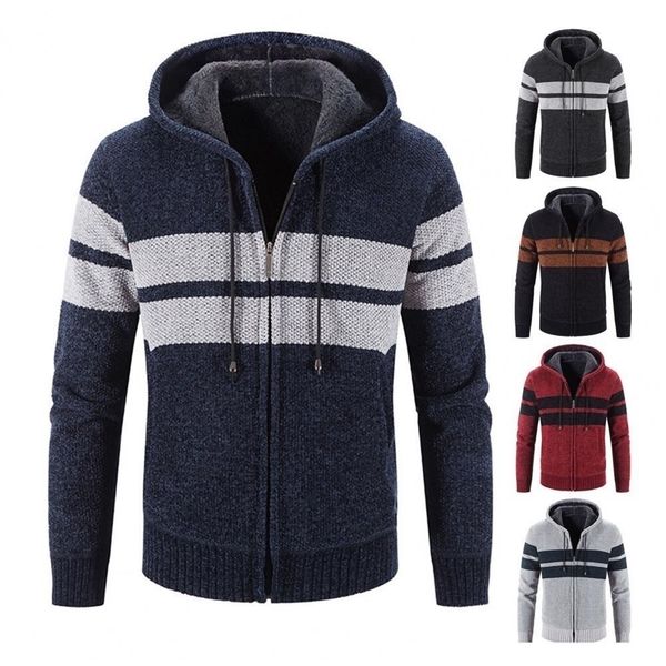 

mens sweaters mens coat zipper closure long sleeve striped hooded sweater coat autumn winter patchwork pockets warm sweater coat knitwear 22, White;black