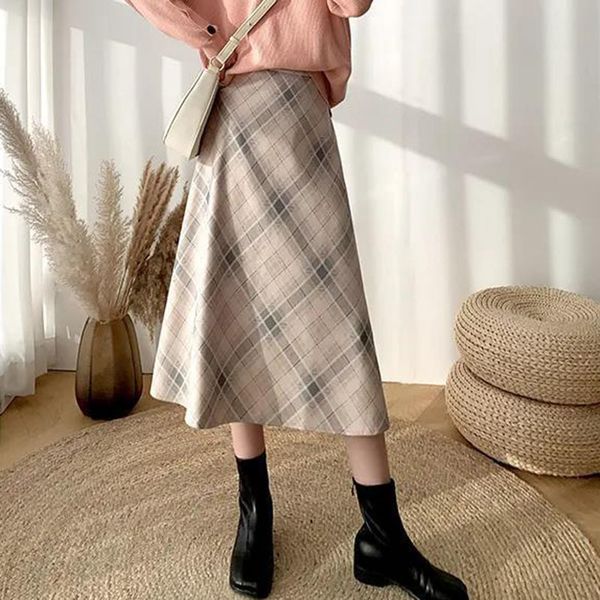 

skirts lucyever women plaid woolen vintage streetwear high waist long skirt female autumn winter elegant a line midi 221008, Black