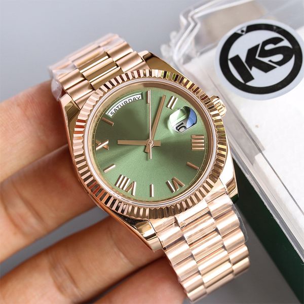 

week gold mens watch 40mm automatic wristwatch mechanical whtie dial 904l stainless steel strap day and date display with box gift montre de, Slivery;brown