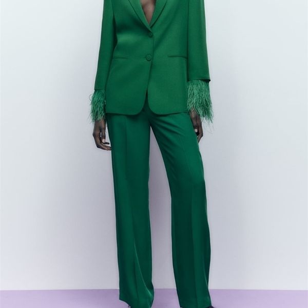 

womens two piece pants woman clothing silksatin blazer singlebreasted coat feather sleeves outerwear stylish pajama style pants 221007, White