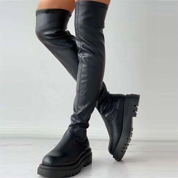 

boots punk style women big size 3543 over the knee ladies winter shoes platform mid heel thigh 221007, Black