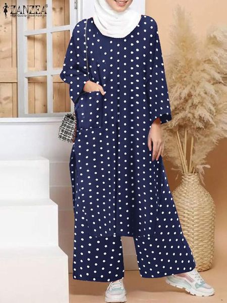 

ethnic clothing zanzea women muslim matching sets long sleeve o neck polka dots printed split blouse dubai caftan marocain abaya hijab pants, Red