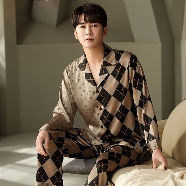 

men's sleepwear long sleeve pants man clothes pajamas set turn down collar pj fashion casual luxury satin silk 221007, Black;brown