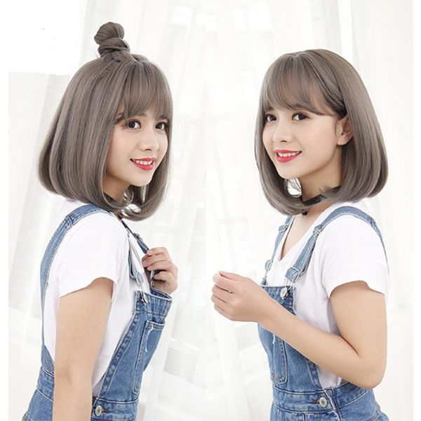 

korean version short hair bob hair wig lady wig set air bangs, Black