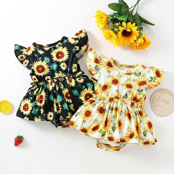 

rompers baby girl summer ribbed jumpsuit sunflower print crew neck flying sleeves romper toddler girl summer playsuit j220922, Blue