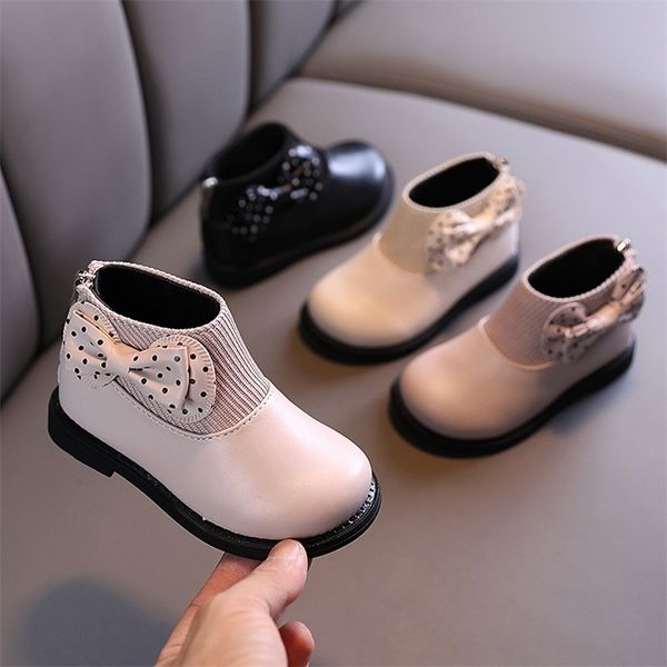 

boots girls winter kids warm elegant princess plush bowtie leather children' cotton e258 221007, Black;grey