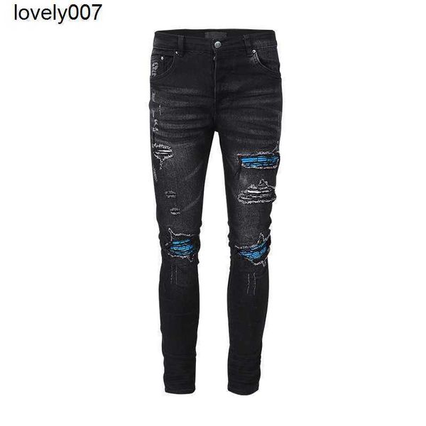 

designer men's jeans amirs slim fit hole leggings new men's paint jeans, Blue