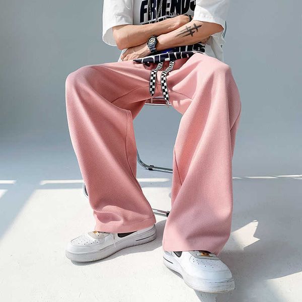 

men's pants celana kasual putih abu-abu hitam merah muda kaki lebar mode pria streetwear korea longgar panjang g221007, Black