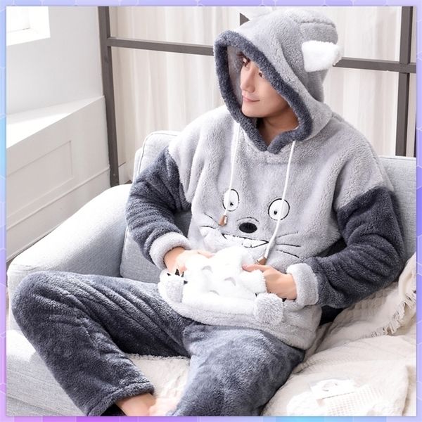 

men's sleepwear cute pajamas for men thick plush fleece pajama sets winter coral velvet warm flannel clothes home suit male l221007, Black;brown
