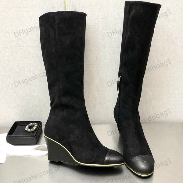

womens wedges knee boots sheepskin suede chunky heels 6.5cm designer classic black knight chelsea rainboots western fashion casual shoes win
