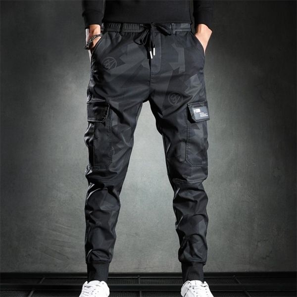 

mens pants cargo pants mid waist multi pockets men pants bottoms printed ankle tied trousers elastic waists loose laceup men overalls 221007, Black