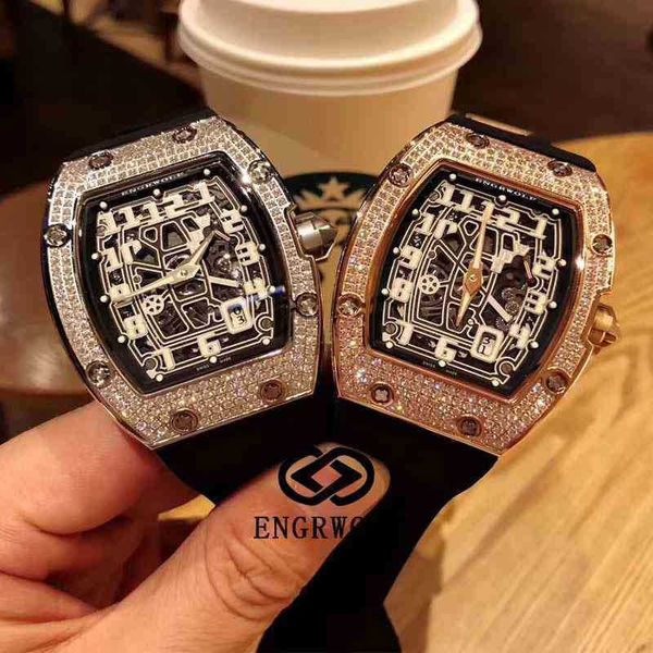 

watches wristwatch designer luxury mens mechanics watch wine barrel richa milles rm67-01 series 2824 automatic machine full diamond rose go, Slivery;golden