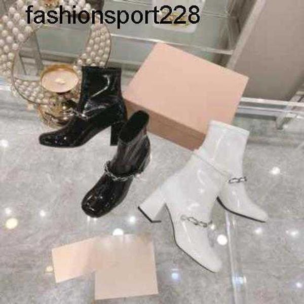 

designer boots miu fashion brand black patent leather pearl metal chain minority short boot women thick heel square head high heel elastic t