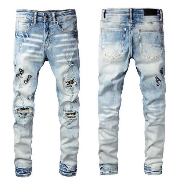 

2022 fashion new men jeans cool mens distressed ripped jeans designer straight motorcycle biker causal denim pants streetwear style size, Blue