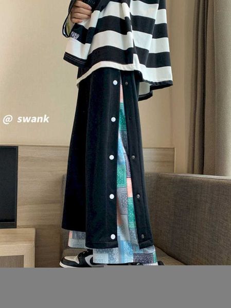 

men's pants foufurieux casual pant men wide leg pants patchwork trousers boys loose vintage streetwear male clothing 2022 spring summer, Black