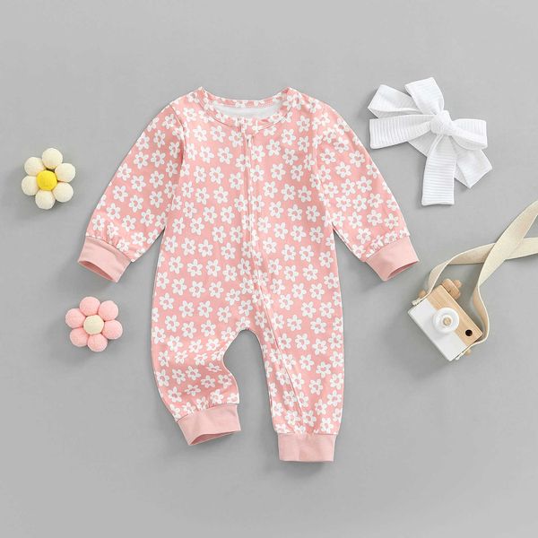 

rompers 018m baby girls autumn jumpsuits outfit flowers printed long sleeves round neck zipper romper and headband set j220922, Blue