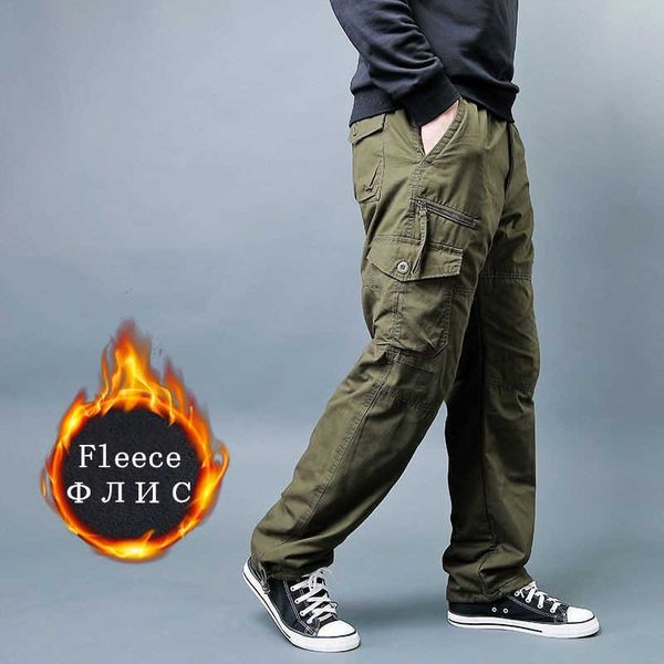 

men's pants nieuwe warme broek winter heren cargo dubbele laag fleece dikke militaire camouflage katoen lange mannen baggy casual g2210, Black