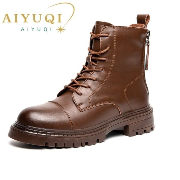 

boots women ankle genuine leather british style 2022 winter fashion thick bottom laceup short 221007, Black