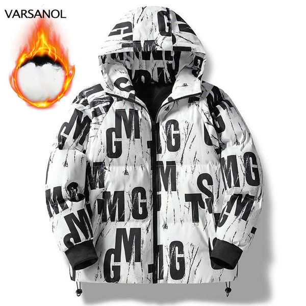 

men's down parkas varsanol winter print mens parka jacket casual zipper hooded man coat clothes fashion streetwear oversize letter thic, Black