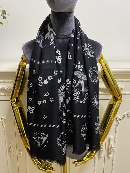 

women square scarf shawl 35% silk 65% cashmere material black print flowers bird pattern size 130cm - 130cm, Blue;gray