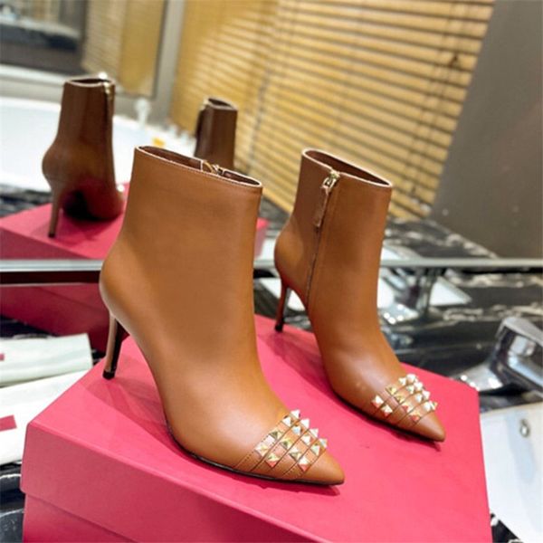 

women fashion ankle boots with side zipper thin high heel pointed rivet leather boots size 35-39, Black