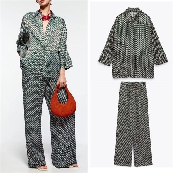 

women's two piece pants pb za summer women's geometric pattern print long-sleeved button-down shirt ethnic style high waist straig, White