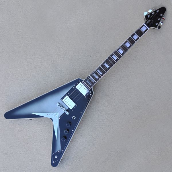 

factory custom flying v shape electric guitar black silver color chrome hardwares black pickguard offer customized