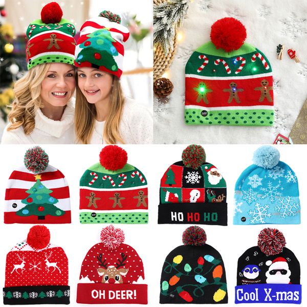 

Hats Sweater Santa Elk Knitted Beanie Hat With LED Light Up Cartoon Patteren Christmas Gift For Kids New Year Supplies
