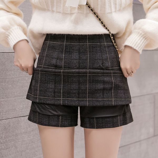 

skirts high waist a line winter woolen skirt women autumn vintage plaid mini shorts s ladies office work faldas mujer 221008, Black