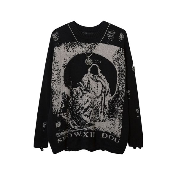 

mens sweaters send necklace ripped oversized sweaters frayed knitted harajuku winter black gothic men y2k grunge women red sweater 221008, White;black