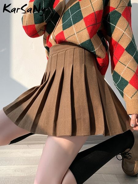 

skirts short woolen pleated for women winter high waist mini skirt with shorts khaki school wool 221008, Black