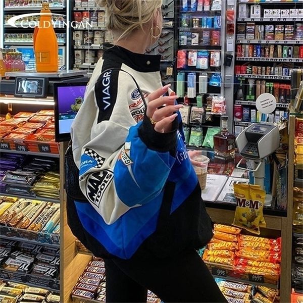 

womens jackets winter retro baseball jacket woman and men sport racing motorcycle blue print casual loose long sleeve hip hop jackets coat, Black;brown