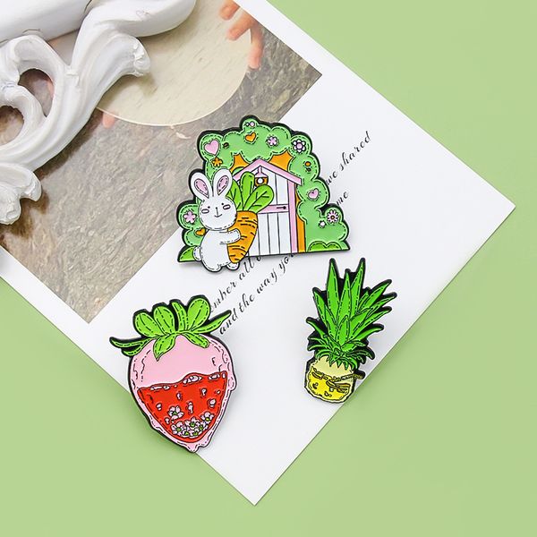 

cartoon cute fruit brooches 3pcs set strawberry enamel badges pineapple rabbits eat carrots alloy pin jewelry gift bag accessories, Gray
